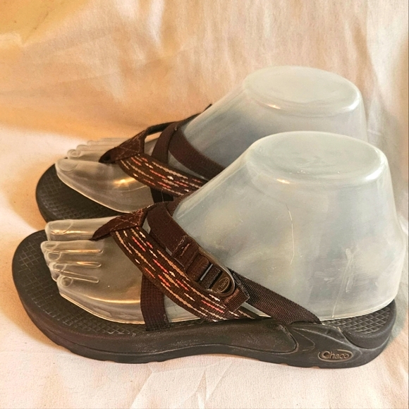 Chaco Sandals Wmn's Sz 6 Hipthong Sporty Strappy Slide Flats Brown& Pink Design - Picture 3 of 8